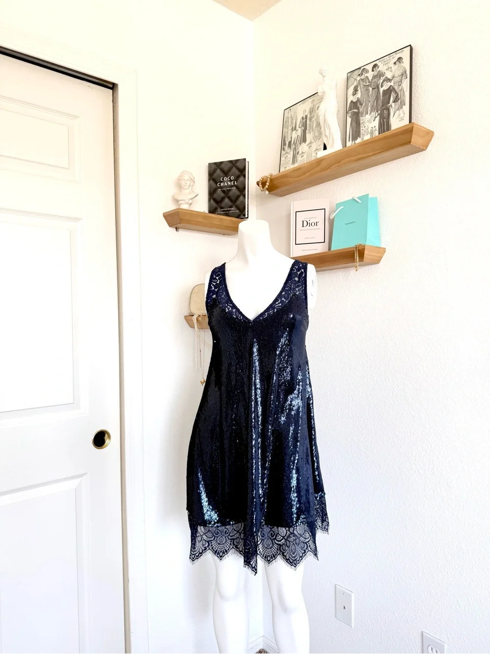 EUC Free People intimately Navy Sequin Lace Slip Dress Size S
